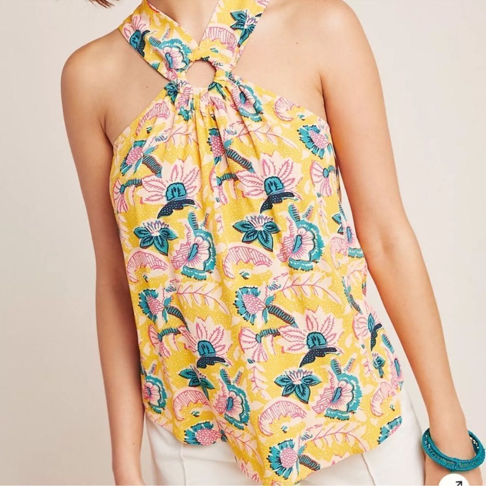 Anthropologie Maeve Mica Sleeveless Blouse Yellow Floral Halter Neck Size 4